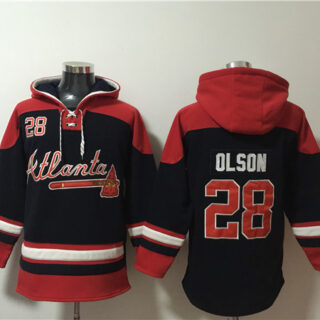 Men's Atlanta Braves #28 Matt Olson Navy Red Ageless Must-Have Lace-Up Pullover Hoodie