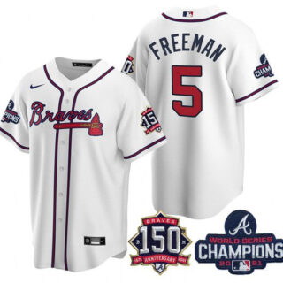 Men's Atlanta Braves #5 Freddie Freeman 2021 White World Series Champions With 150th Anniversary Patch Cool Base Stitched Jersey