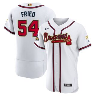 Men's Atlanta Braves #54 Max Fried 2022 White Gold World Series Champions Program Flex Base Stitched Baseball Jersey