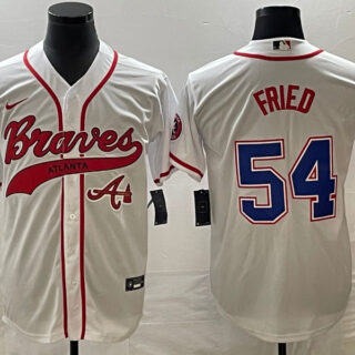 Men's Atlanta Braves #54 Max Fried White Cool Base With Patch Stitched Baseball Jersey