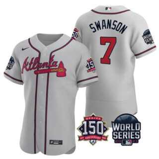 Men's Atlanta Braves #7 Dansby Swanson 2021 Gray World Series With 150th Anniversary Patch Stitched Baseball Jersey