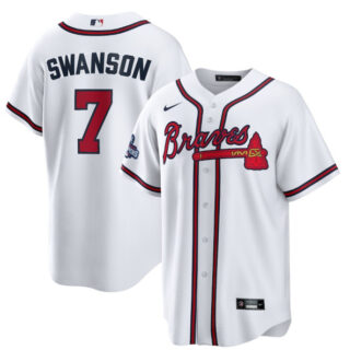 Men's Atlanta Braves #7 Dansby Swanson 2021 White World Series Champions Cool Base Stitched Jersey