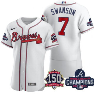Men's Atlanta Braves #7 Dansby Swanson 2021 White World Series Champions With 150th Anniversary Flex Base Stitched Jersey