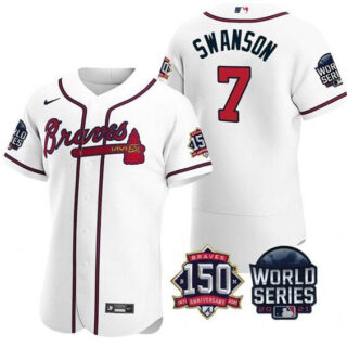 Men's Atlanta Braves #7 Dansby Swanson 2021 White World Series With 150th Anniversary Patch Stitched Baseball Jersey