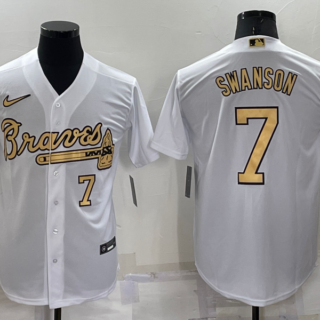 Men's Atlanta Braves #7 Dansby Swanson 2022 All-Star White Cool Base Stitched Baseball Jersey