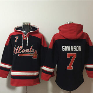 Men's Atlanta Braves #7 Dansby Swanson Navy Red Ageless Must-Have Lace-Up Pullover Hoodie