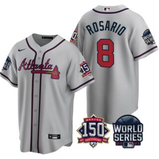 Men's Atlanta Braves #8 Eddie Rosario 2021 Gray World Series With 150th Anniversary Patch Cool Base Stitched Jersey