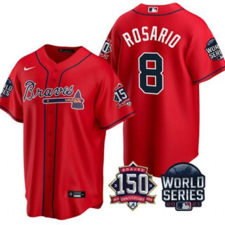Men's Atlanta Braves #8 Eddie Rosario 2021 Red World Series With 150th Anniversary Patch Cool Base Stitched Jersey