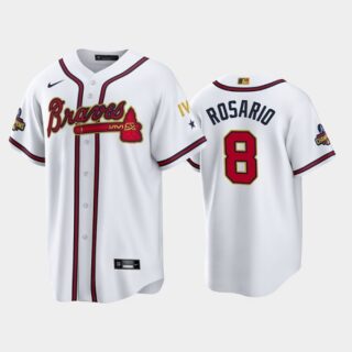 Men's Atlanta Braves #8 Eddie Rosario 2022 White Gold World Series Champions Program Cool Base Stitched Baseball Jersey