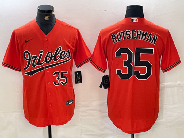 Men's Baltimore Orioles #35 Adley Rutschman Orange With Patch Cool Base Stitched Baseball Jersey