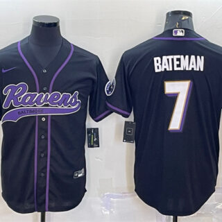 Men's Baltimore Ravens #7 Rashod Bateman Black With Patch Cool Base Stitched Baseball Jersey