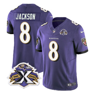 Men's Baltimore Ravens #8 Lamar Jackson Purple 2023 F.U.S.E With Patch Throwback Vapor Limited Jersey