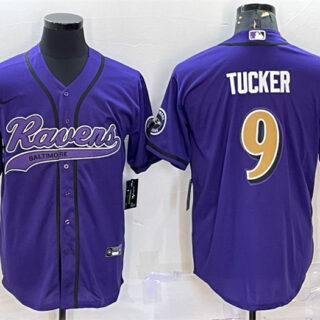 Men's Baltimore Ravens #9 Justin Tucker Purple Gold With Patch Cool Base Stitched Baseball Jersey