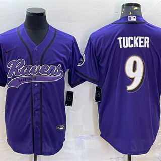 Men's Baltimore Ravens #9 Justin Tucker Purple With Patch Cool Base Stitched Baseball Jersey