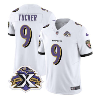 Men's Baltimore Ravens #9 Justin Tucker White 2023 F.U.S.E With Patch Throwback Vapor Limited Jersey
