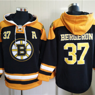 Men's Boston Bruins #37 Patrice Bergeron Black Ageless Must-Have Lace-Up Pullover Hoodie