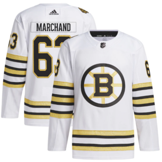 Men's Boston Bruins #63 Brad Marchand White 100th Anniversary Primegreen Stitched Jersey