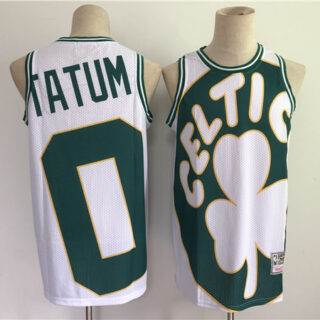 Men's Boston Celtics #0 Jayson Tatum White and Green Big Face Throwback Stitched Jersey