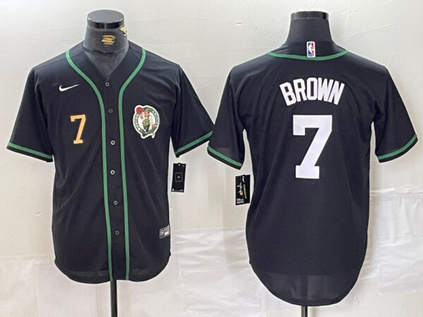 Men's Boston Celtics #7 Jaylen Brown Black With Patch Stitched Baseball Jerseys