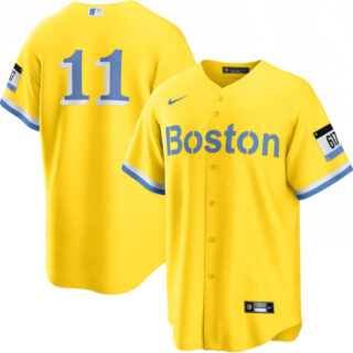 Men's Boston Red Sox #11 Rafael Devers Nike Gold Light Blue 2021 City Connect Player Jersey