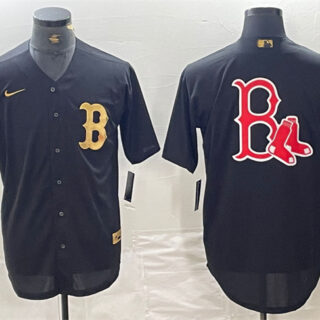 Men's Boston Red Sox Black Team Big Logo Cool Base Stitched Baseball Jersey 1
