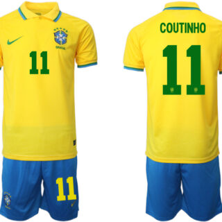 Men's Brazil #11 Coutinho Yellow Home Soccer Jersey Suit