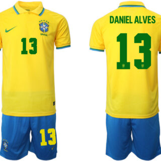 Men's Brazil #13 Daniel Alves Yellow Home Soccer Jersey Suit