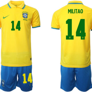 Men's Brazil #14 Militao Yellow Home Soccer Jersey Suit