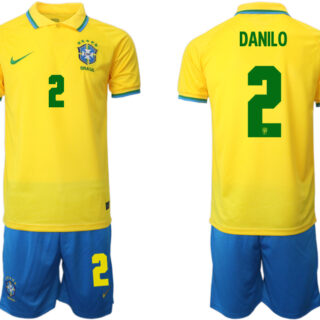 Men's Brazil #2 Danilo Yellow Home Soccer Jersey Suit