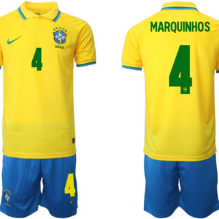 Men's Brazil #4 Marquinhos Yellow Home Soccer Jersey Suit