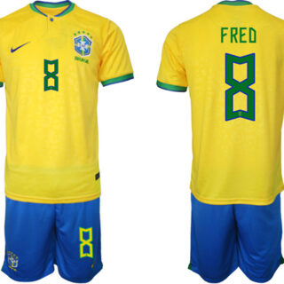 Men's Brazil #8 Fred Yellow 2022 FIFA World Cup Home Soccer Jersey Suit