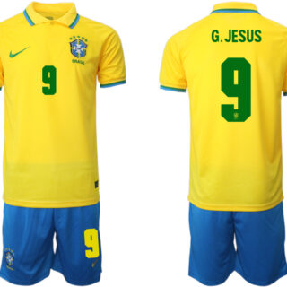 Men's Brazil #9 G. Jesus Yellow Home Soccer Jersey Suit