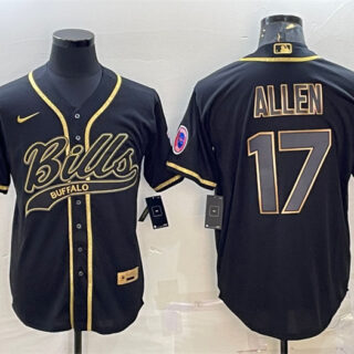 Men's Buffalo Bills #17 Josh Allen Black Gold Edition With Patch Cool Base Stitched Baseball Jersey