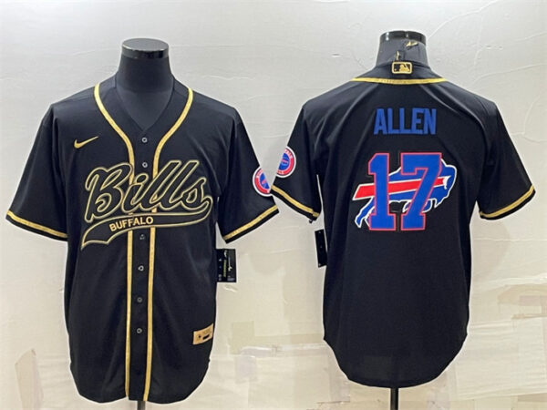 Men's Buffalo Bills #17 Josh Allen Black Gold Team Big Logo With Patch Cool Base Stitched Baseball Jersey