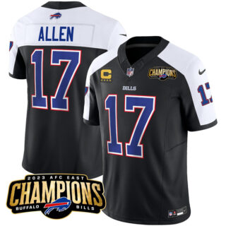 Men's Buffalo Bills #17 Josh Allen Black White 2023 F.U.S.E. AFC East Champions With 4-Star C Ptach Stitched Football Jersey