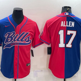 Men's Buffalo Bills #17 Josh Allen Royal Red Split With Patch Cool Base Stitched Baseball Jersey