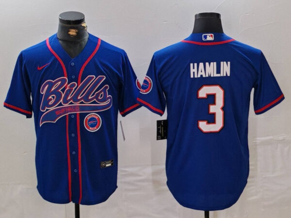 Men's Buffalo Bills #3 Damar Hamlin Blue With Patch Cool Base Stitched Baseball Jerseys