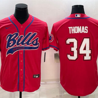 Men's Buffalo Bills #34 Thurman Thomas Red With Patch Cool Base Stitched Baseball Jersey