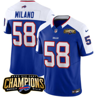 Men's Buffalo Bills #58 Matt Milano Blue White 2023 F.U.S.E. AFC East Champions Ptach Stitched Football Jersey