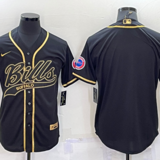 Men's Buffalo Bills Blank Black Gold With Patch Cool Base Stitched Baseball Jersey