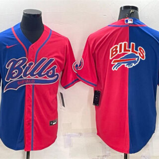 Men's Buffalo Bills Blank Royal Red Split Team Big Logo With Patch Cool Base Stitched Baseball Jersey