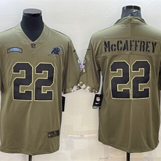 Men's Carolina Panthers #22 Christian McCaffrey Olive 2022 Salute To Service Limited Stitched Jersey