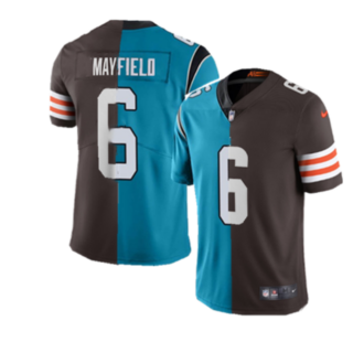 Men's Carolina Panthers & Cleveland Browns #6 Baker Mayfield Splite Blue&Brown Vapor Untouchable Limited Jersey