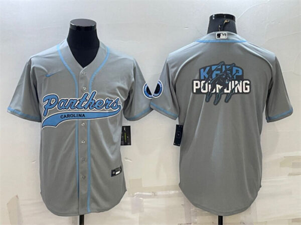 Men's Carolina Panthers Grey Team Big Logo With Patch Cool Base Stitched Baseball Jersey