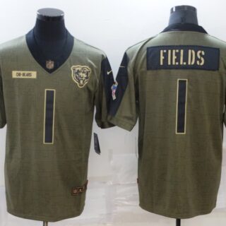 Men's Chicago Bears #1 Justin Fields 2021 Olive Salute To Service Limited Stitched Jersey