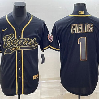 Men's Chicago Bears #1 Justin Fields Black Gold With Patch Cool Base Stitched Baseball Jersey