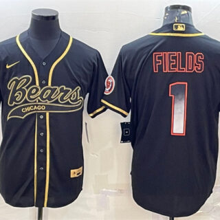 Men's Chicago Bears #1 Justin Fields Black Gold With Patch Cool Base Stitched Baseball Jersey