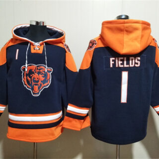 Men's Chicago Bears #1 Justin Fields Navy Ageless Must-Have Lace-Up Pullover Hoodie