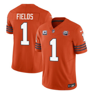 Men's Chicago Bears #1 Justin Fields Orange 2023 F.U.S.E. With 1-Star C Patch Throwback Limited Stitched Football Jersey