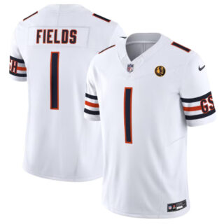 Men's Chicago Bears #1 Justin Fields White 2023 F.U.S.E. With John Madden Patch Vapor Limited Stitched Football Jersey